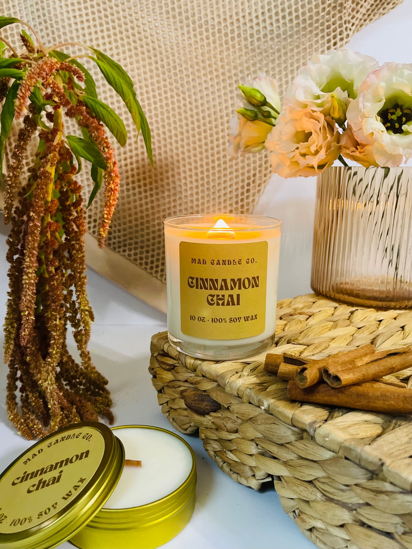 Cinnamon Chai 10oz Glass Jar and 4oz Travel Tin front detail view, natural soy candle shop, scented non-toxic soy candle, wholesale handmade candles, soy candle care