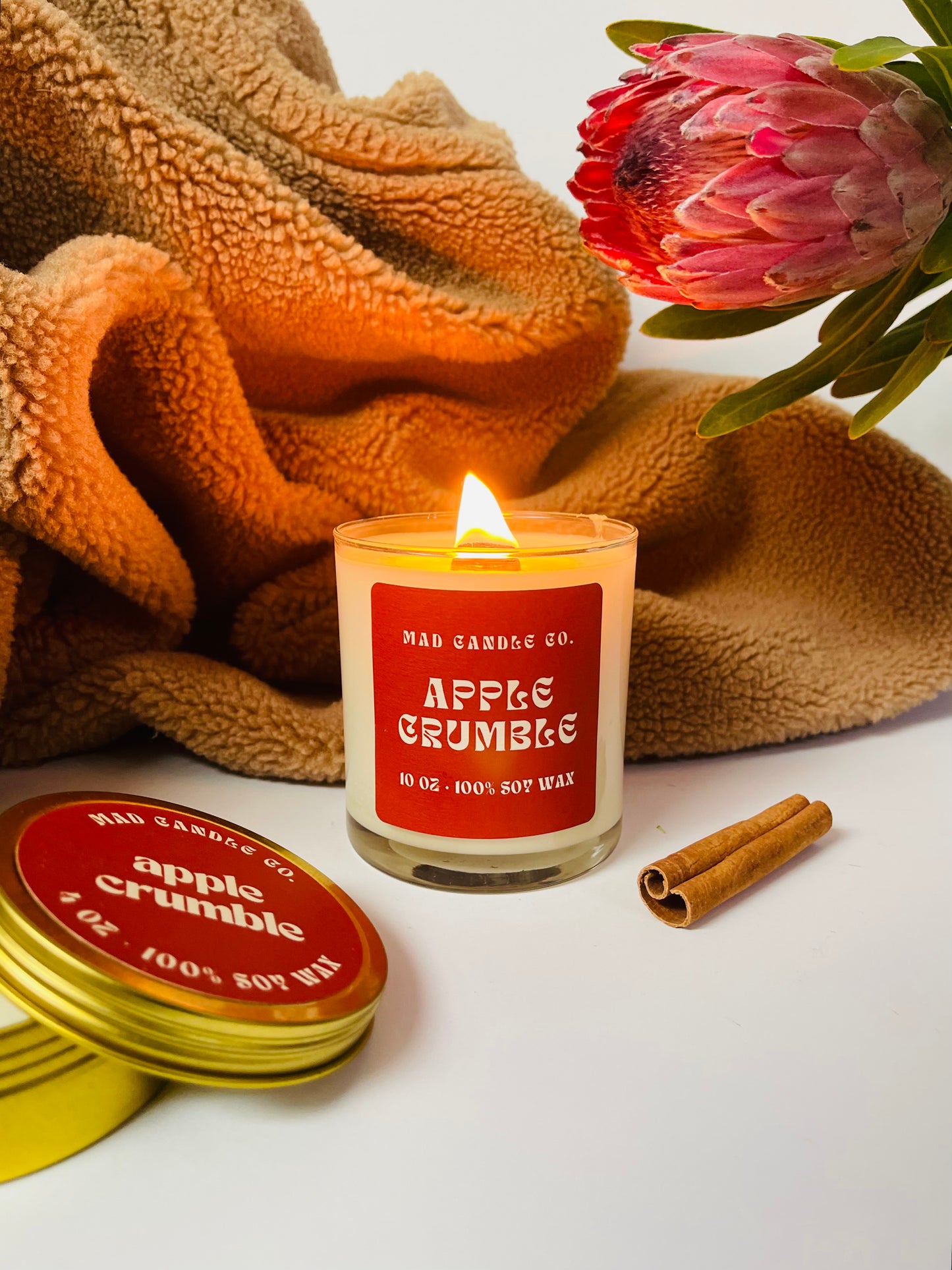Apple Crumble 4oz Travel tin soy Candle front view, natural soy candle shop, scented non-toxic soy candle, wholesale handmade candles, soy candle care
