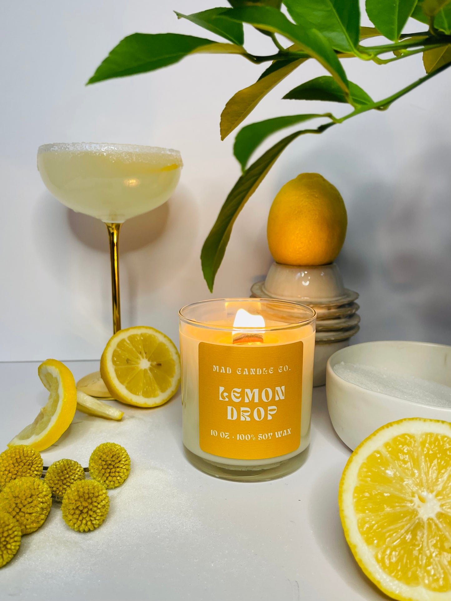 Lemon Drop 10oz Glass Jar Soy Candle detail view, natural soy candle shop, scented non-toxic soy candle, wholesale handmade candles, soy candle care