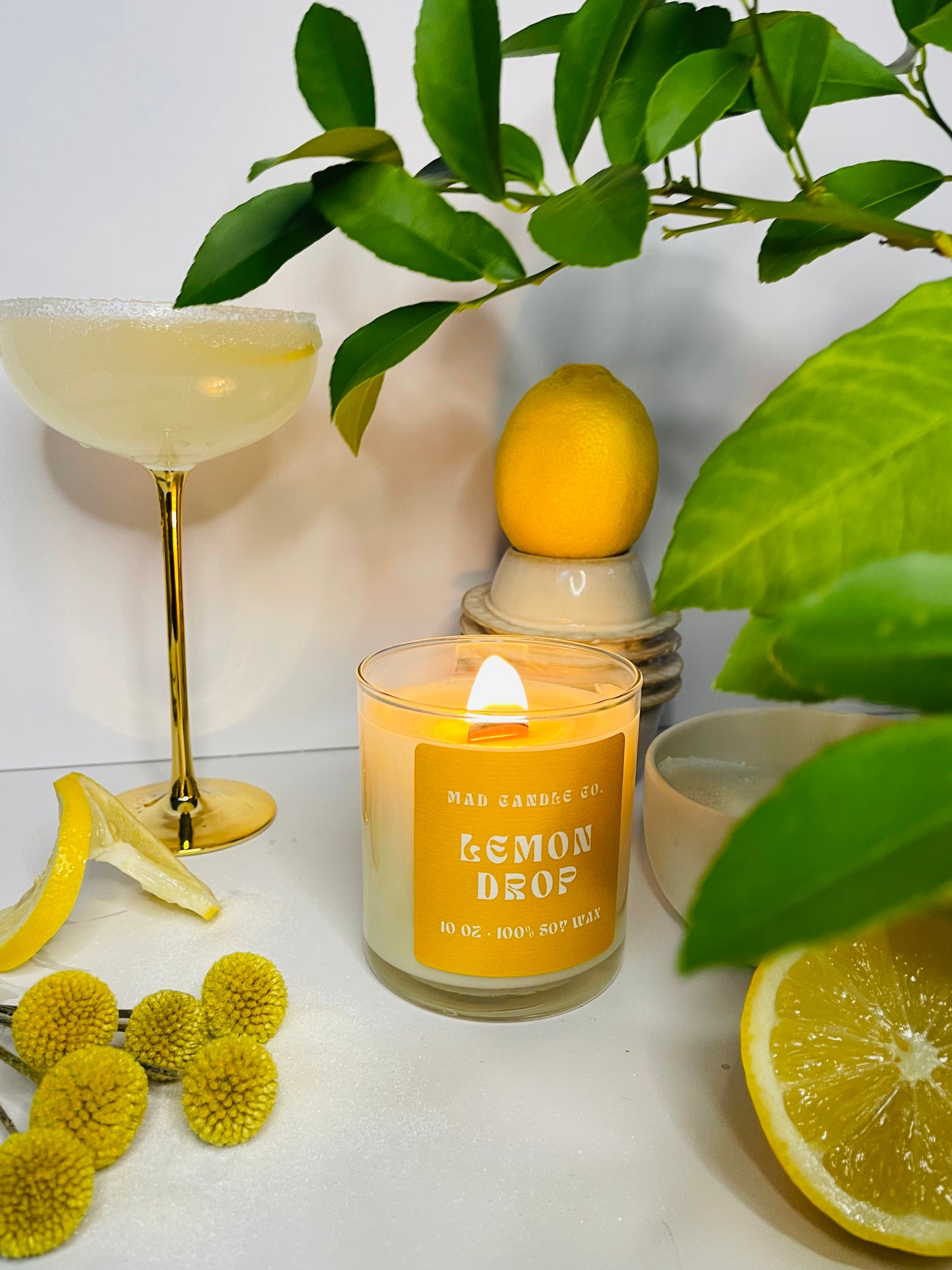 Lemon Drop 10oz Glass Jar Soy Candle side view, natural soy candle shop, scented non-toxic soy candle, wholesale handmade candles, soy candle care