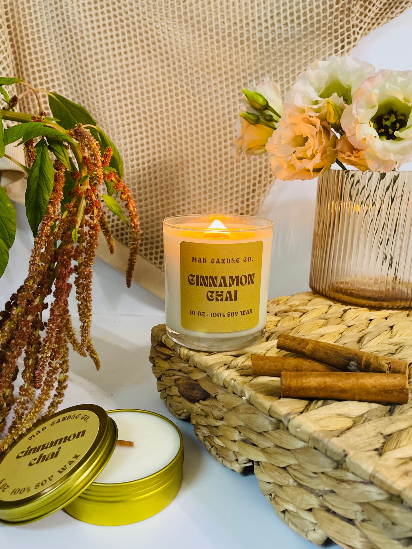 Cinnamon Chai 4oz Travel Tin side view, natural soy candle shop, scented non-toxic soy candle, wholesale handmade candles, soy candle care