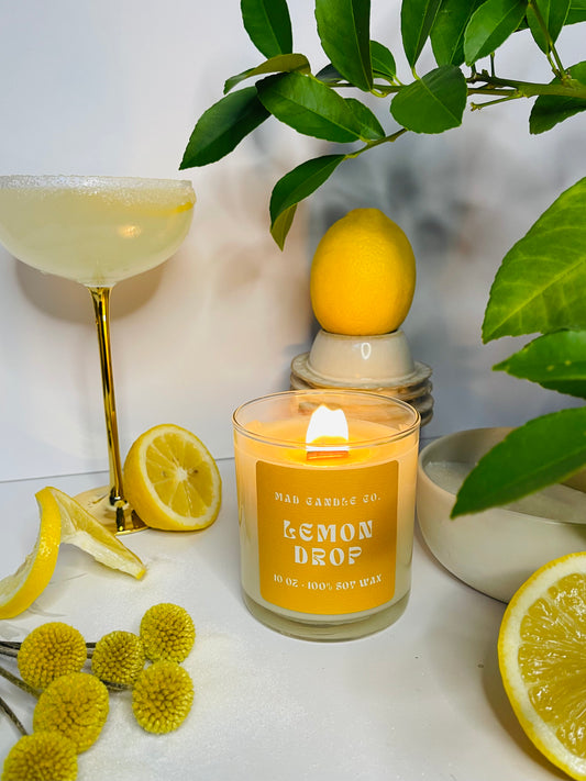 Lemon Drop 10oz Glass Jar Soy Candle front view, natural soy candle shop, scented non-toxic soy candle, wholesale handmade candles, soy candle care