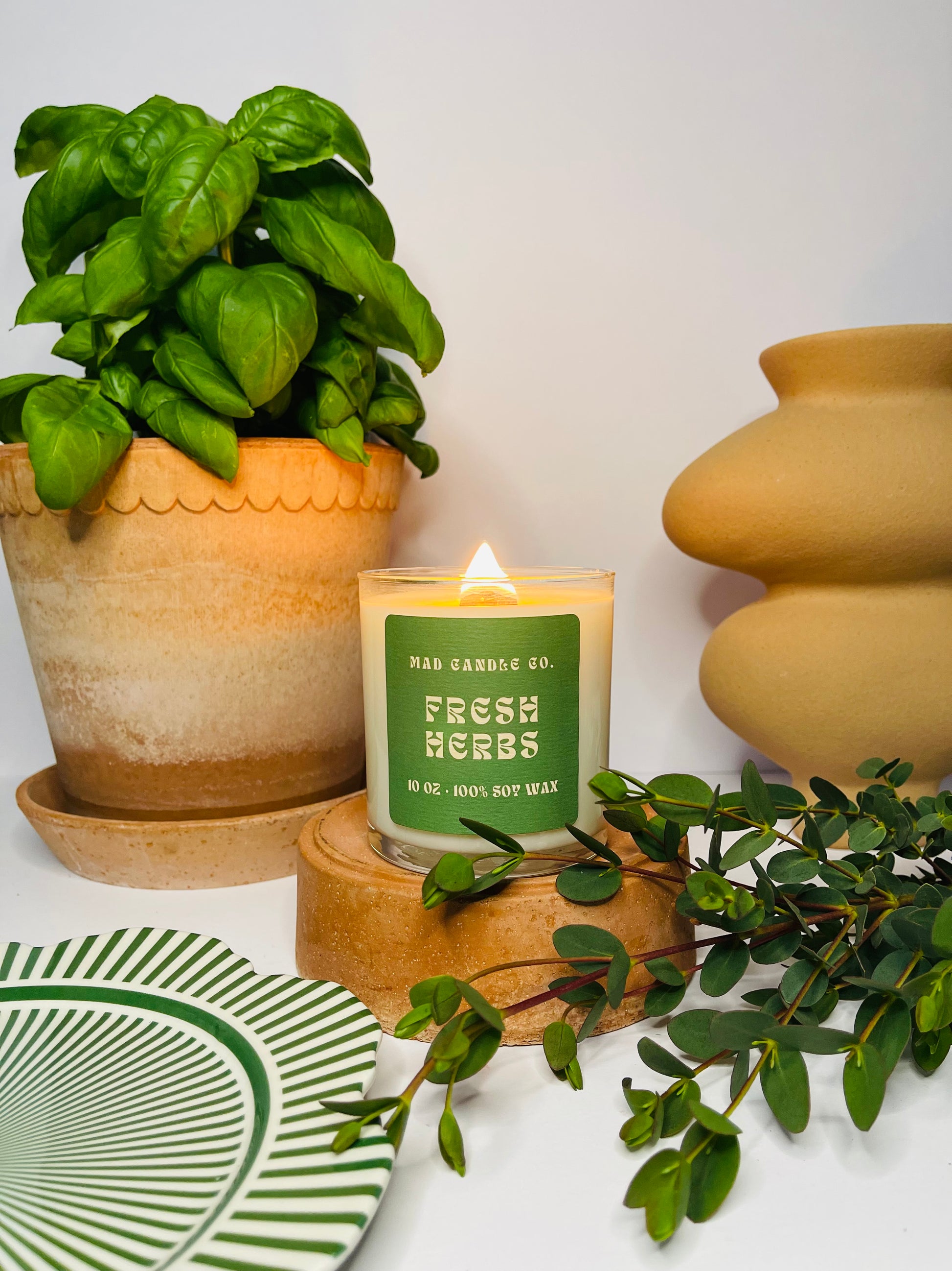 Fresh Herbs 10oz Glass Jar Soy Candle front view, natural soy candle shop, scented non-toxic soy candle, wholesale handmade candles, soy candle care