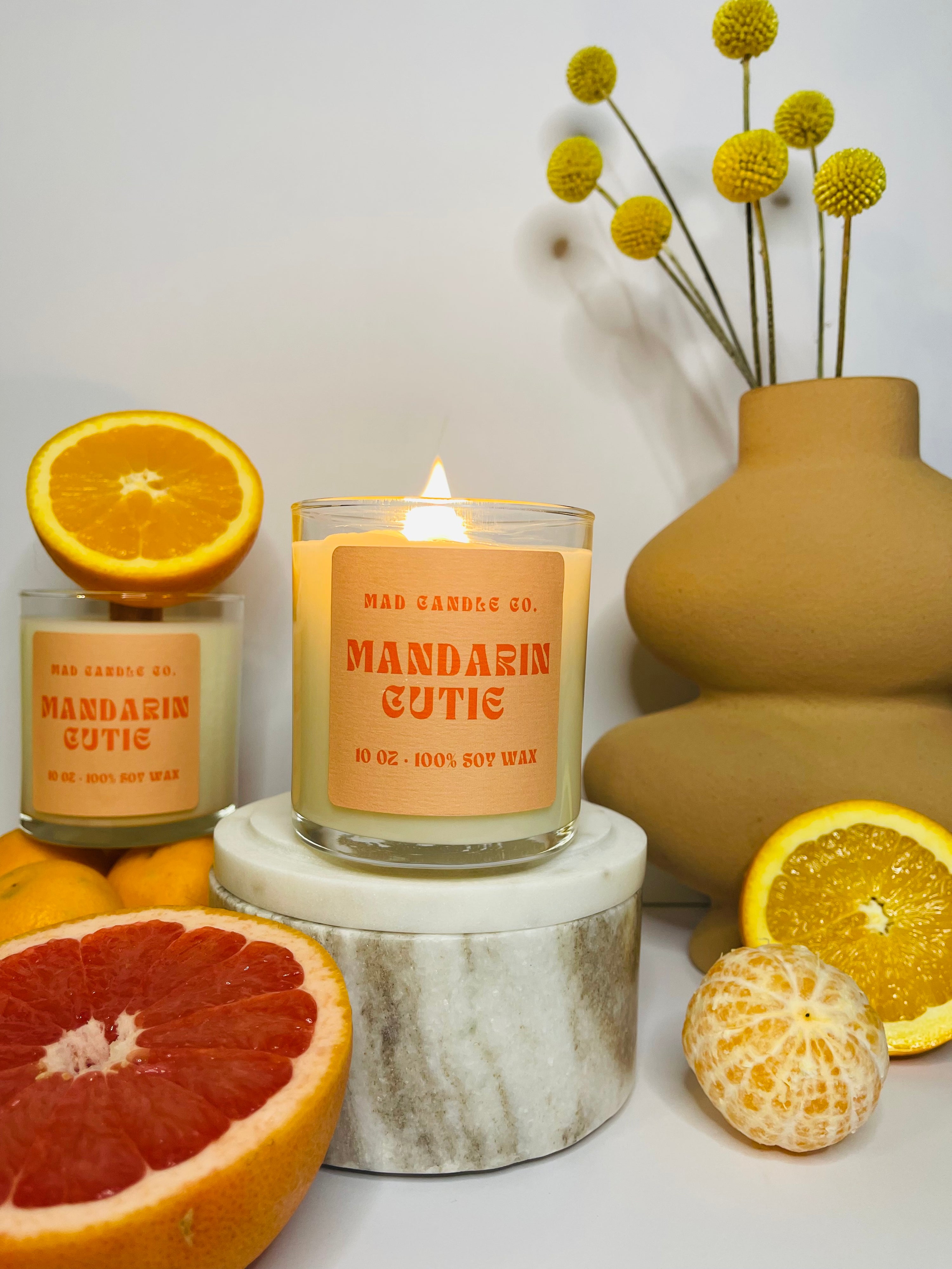 Mandarin Cutie 10oz Glass Jar Soy Candle detail view, natural soy candle shop, scented non-toxic soy candle, wholesale handmade candles, soy candle care