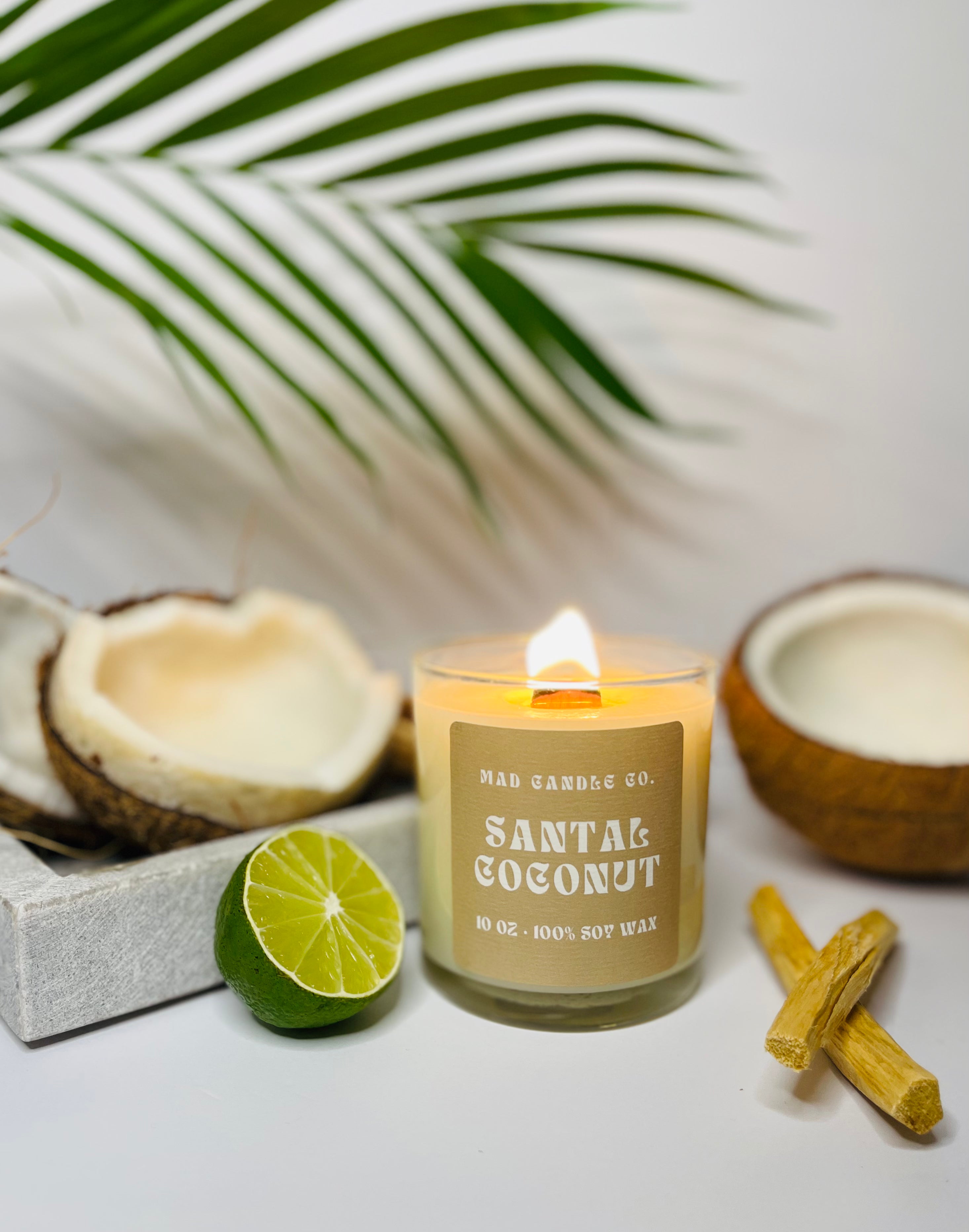 Santal Coconut 10oz Glass Jar Soy Candle detail view, natural soy candle shop, scented non-toxic soy candle, wholesale handmade candles, soy candle care