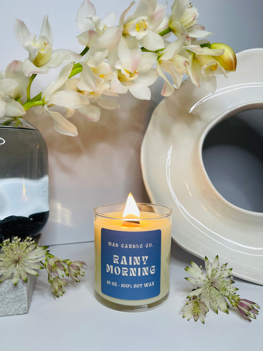 Rainy Morning 10oz Glass Jar Soy Candle front view, natural soy candle shop, scented non-toxic soy candle, wholesale handmade candles, soy candle care