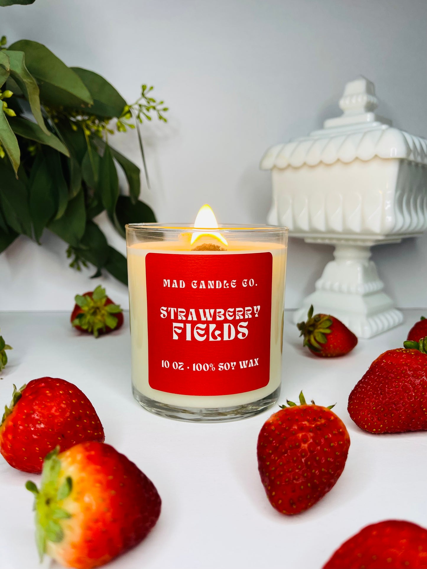 Strawberry Fields 10oz Glass Jar Soy Candle detail view, natural soy candle shop, scented non-toxic soy candle, wholesale handmade candles, soy candle care