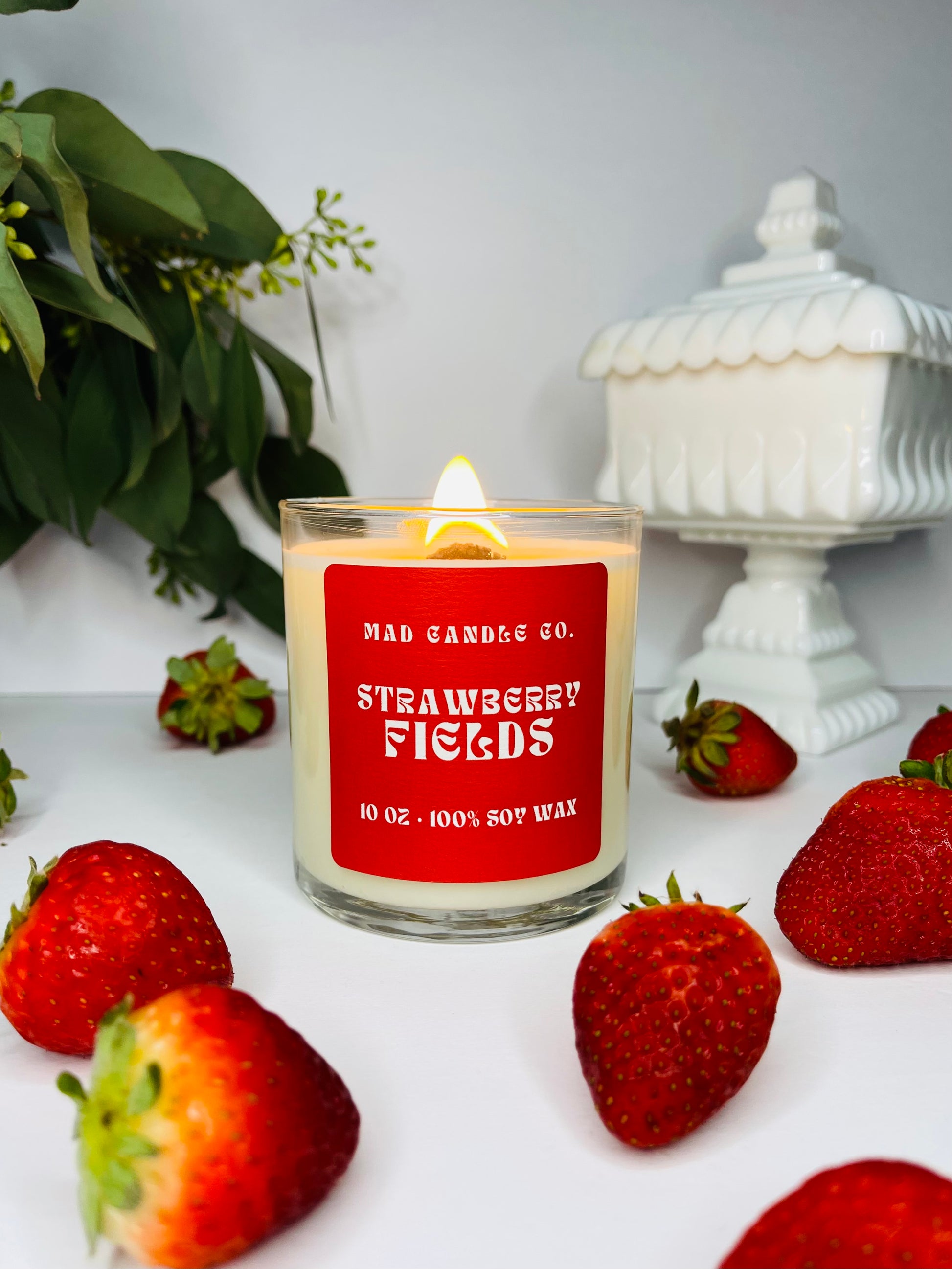 Strawberry Fields 10oz Glass Jar Soy Candle detail view, natural soy candle shop, scented non-toxic soy candle, wholesale handmade candles, soy candle care