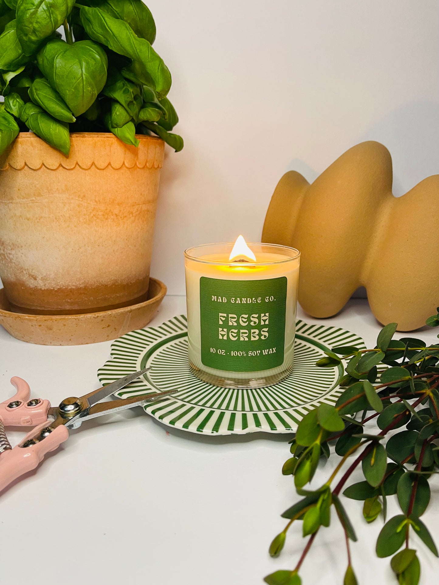 Fresh Herbs 10oz Glass Jar Soy Candle lifestyle view, natural soy candle shop, scented non-toxic soy candle, wholesale handmade candles, soy candle care