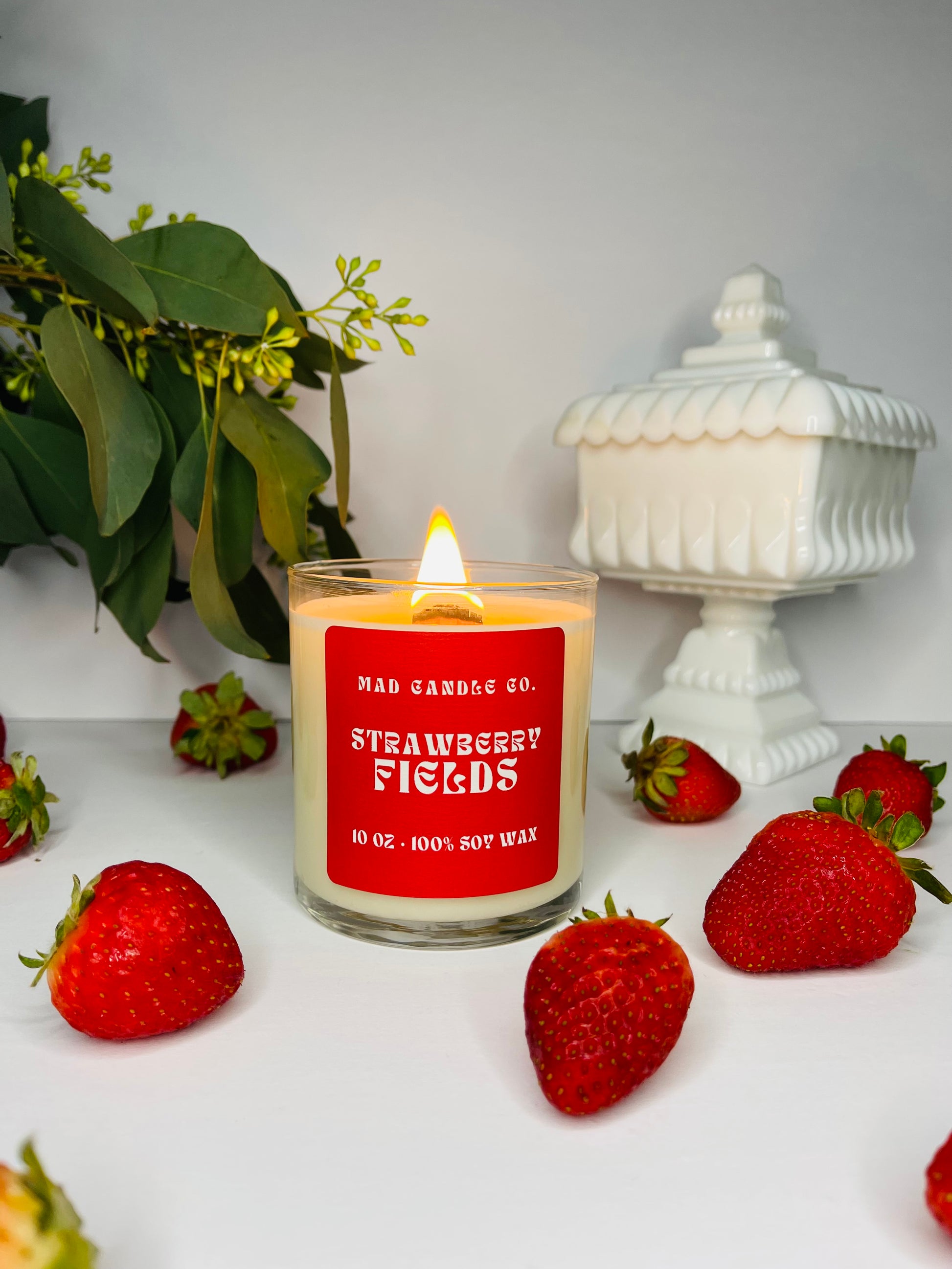 Strawberry Fields 10oz Glass Jar Soy Candle front view, natural soy candle shop, scented non-toxic soy candle, wholesale handmade candles, soy candle care