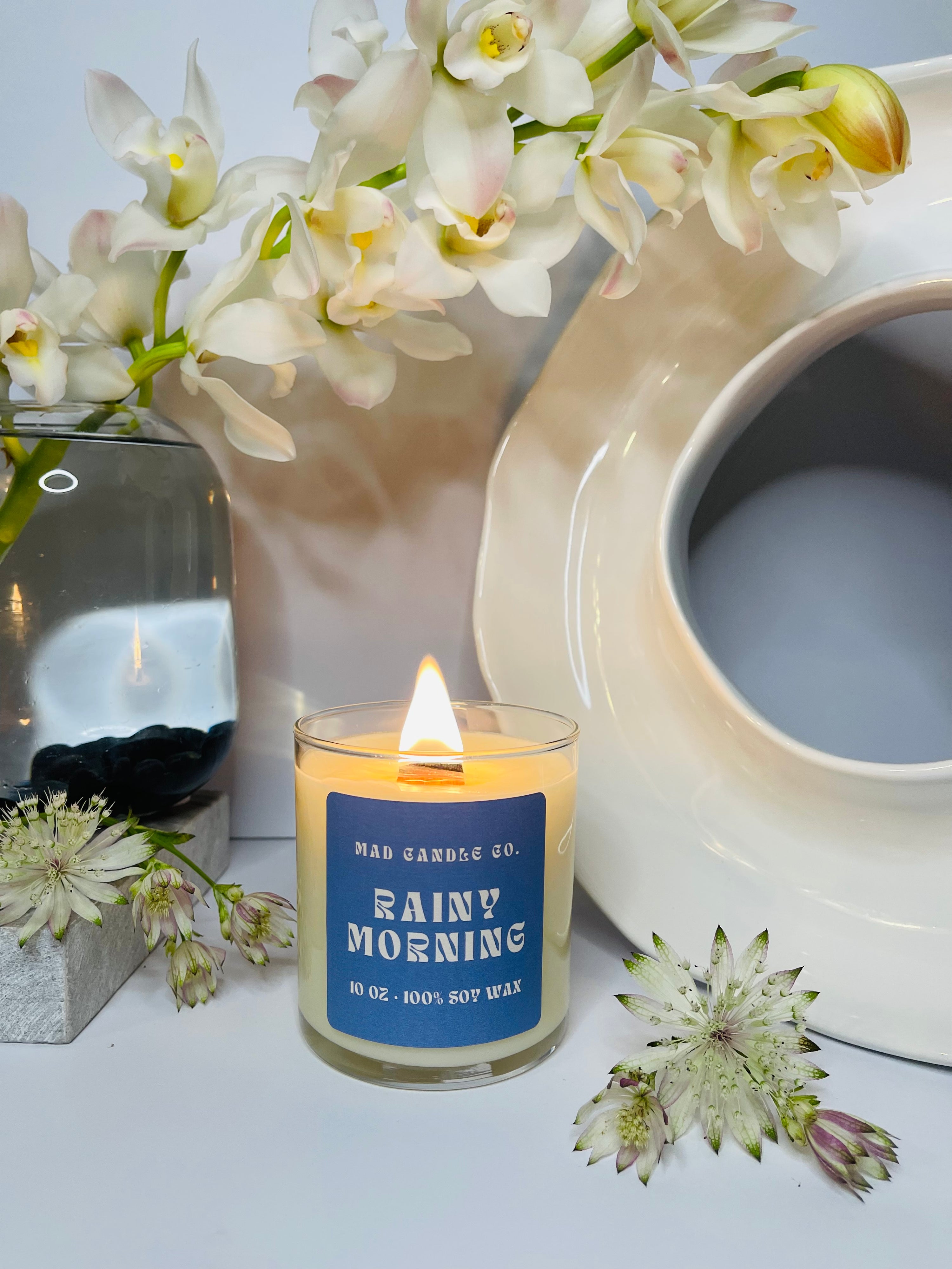 Rainy Morning 10oz Glass Jar Soy Candle side view, natural soy candle shop, scented non-toxic soy candle, wholesale handmade candles, soy candle care