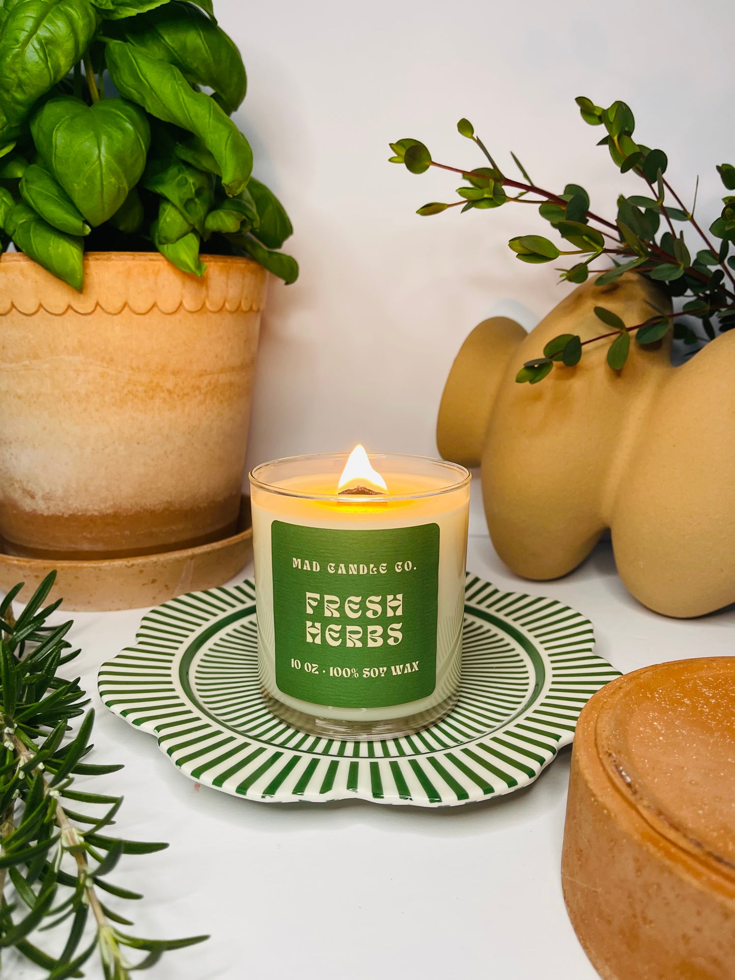 Fresh Herbs 10oz Glass Jar Soy Candle detail view, natural soy candle shop, scented non-toxic soy candle, wholesale handmade candles, soy candle care