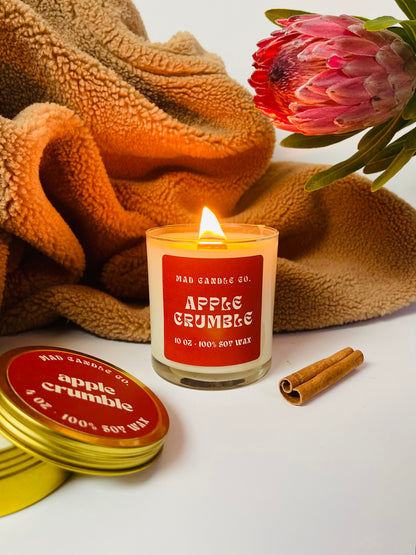 Apple Crumble 4oz Travel tin soy Candle front view, natural soy candle shop, scented non-toxic soy candle, wholesale handmade candles, soy candle care