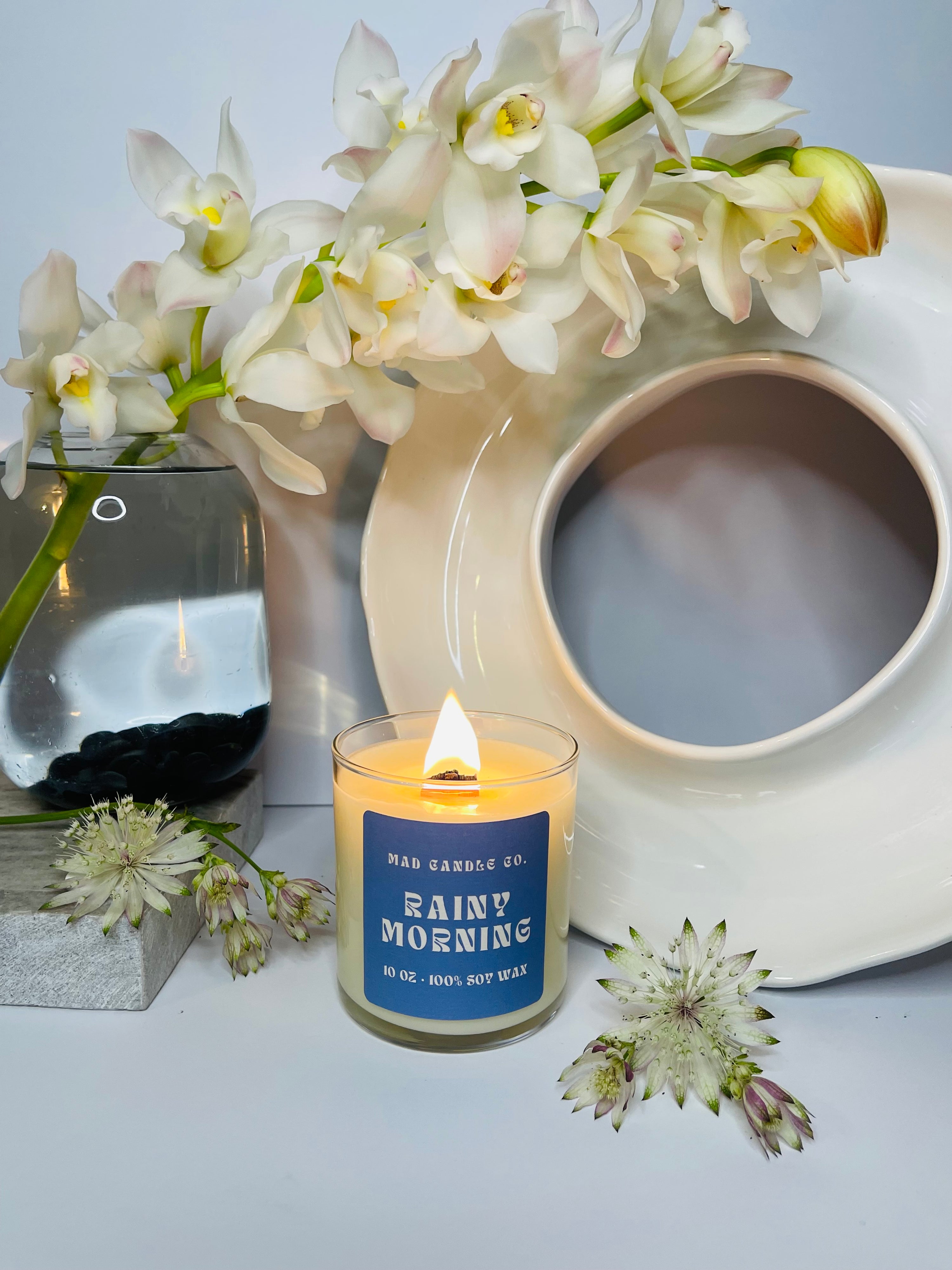 Rainy Morning 10oz Glass Jar Soy Candle detail view, natural soy candle shop, scented non-toxic soy candle, wholesale handmade candles, soy candle care