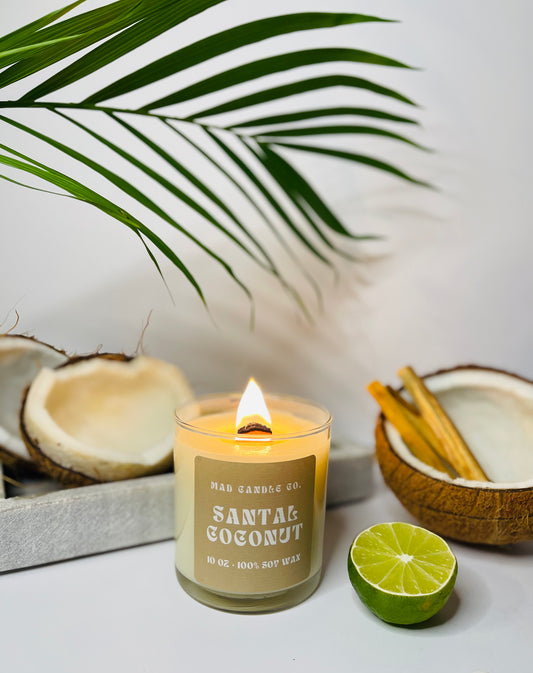 Santal Coconut 10oz Glass Jar Soy Candle front view, natural soy candle shop, scented non-toxic soy candle, wholesale handmade candles, soy candle care
