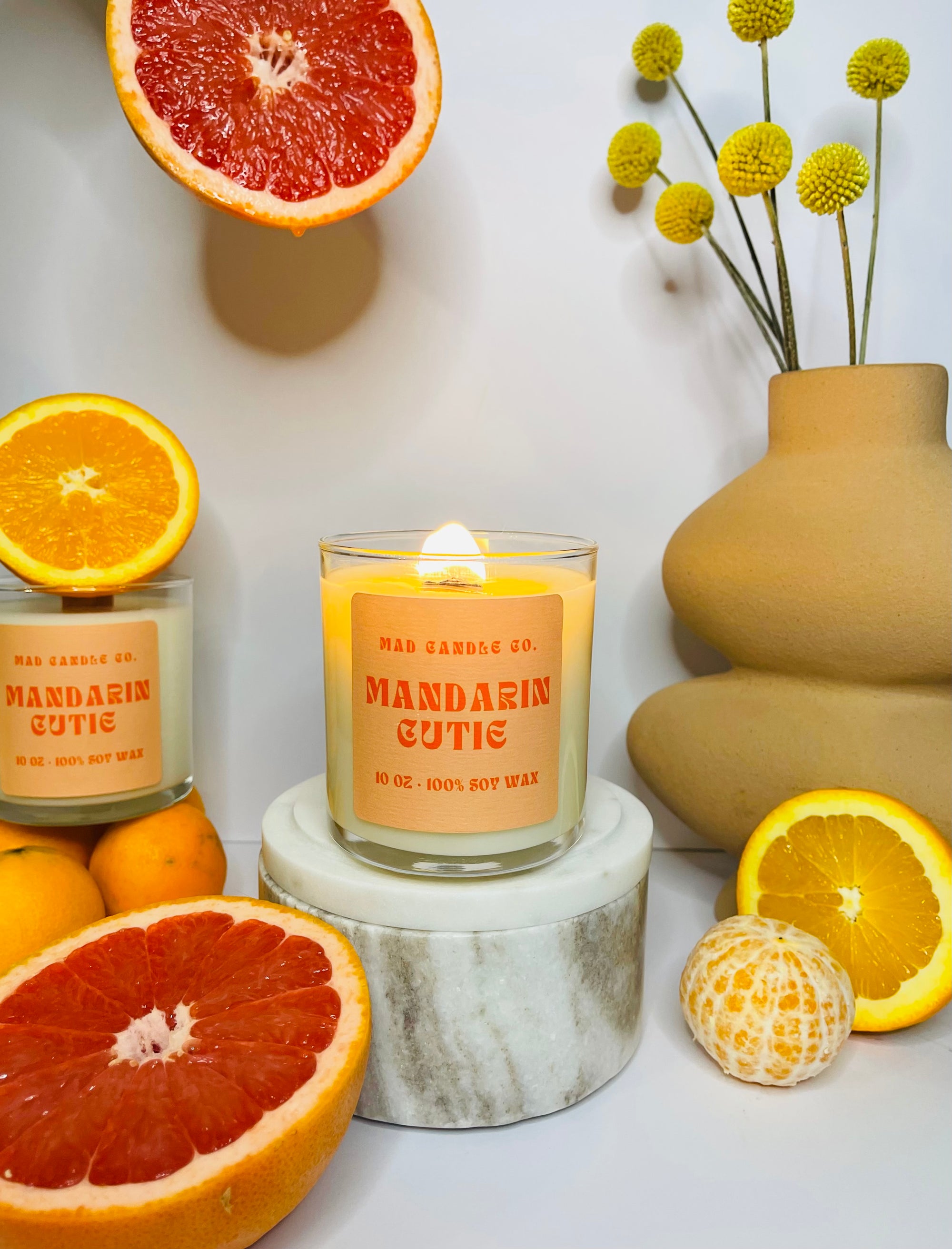 Mandarin Cutie 10oz Glass Jar Soy Candle side view, natural soy candle shop, scented non-toxic soy candle, wholesale handmade candles, soy candle care