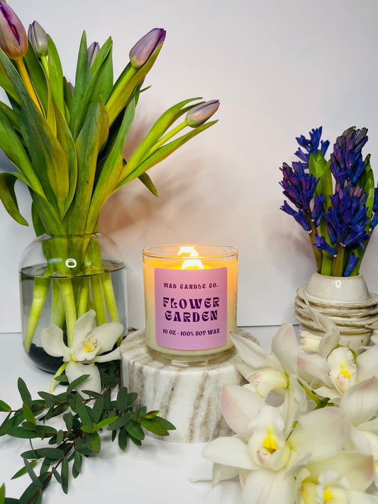 Flower Garden 10oz Glass Jar Soy Candle front view, natural soy candle shop, scented non-toxic soy candle, wholesale handmade candles, soy candle care