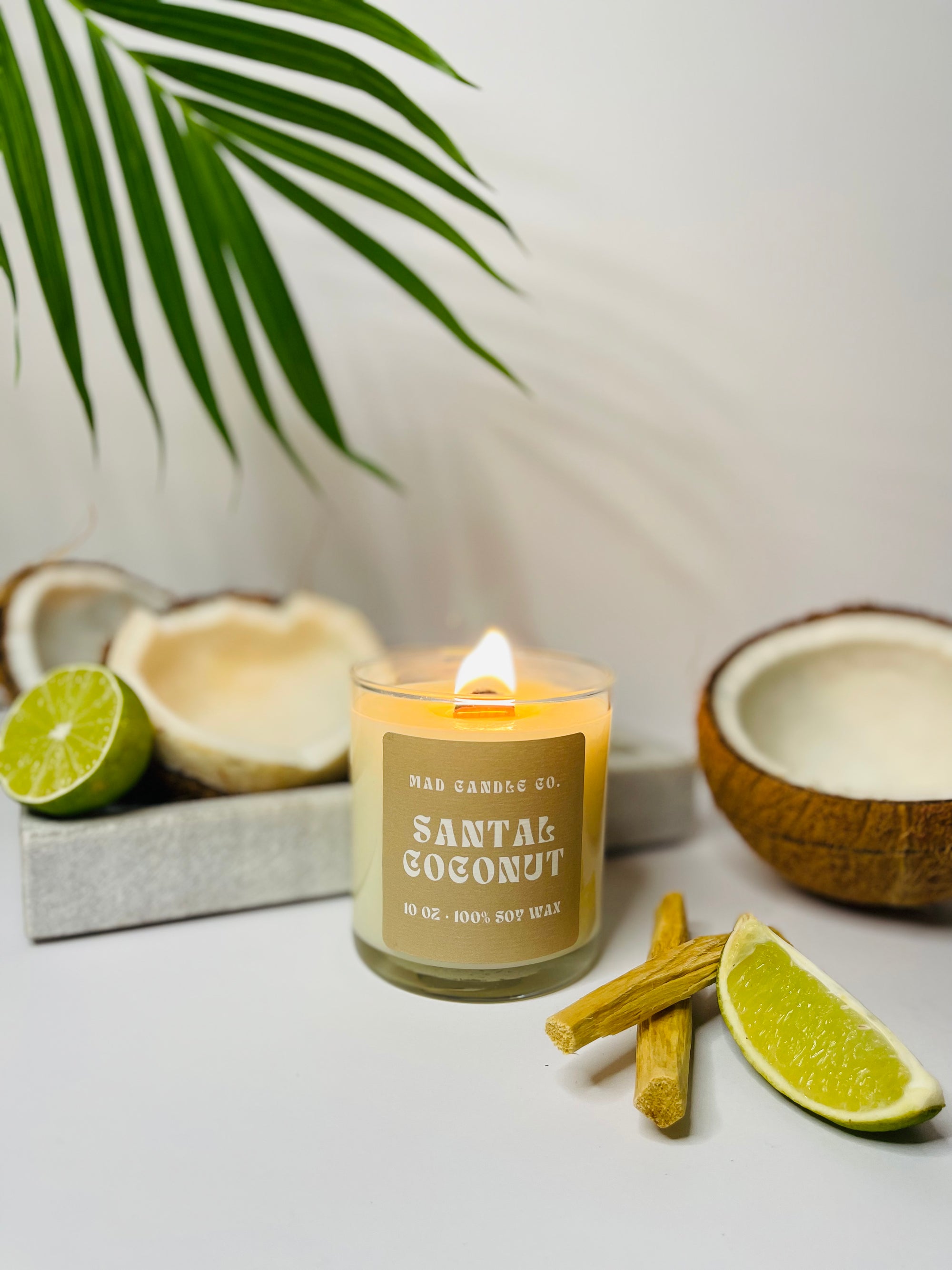 Santal Coconut 10oz Glass Jar Soy Candle side view, natural soy candle shop, scented non-toxic soy candle, wholesale handmade candles, soy candle care