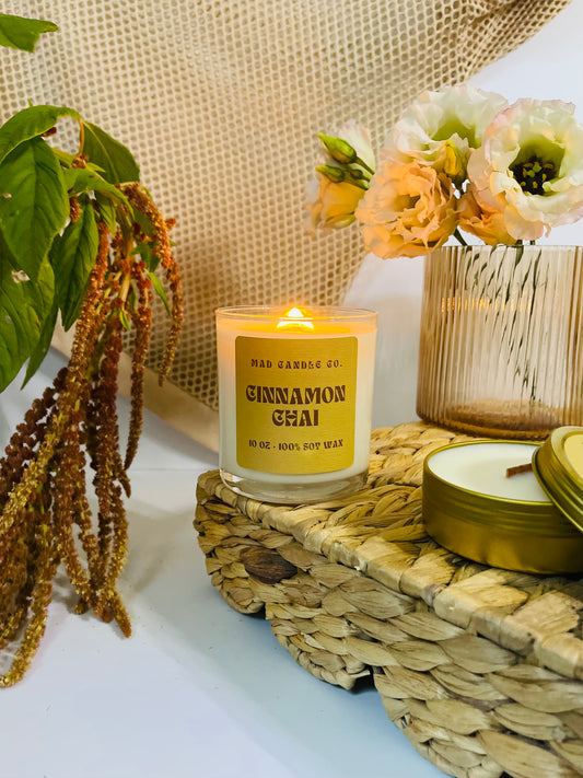 Cinnamon Chai 10oz Glass Jar Soy Candle front view, natural soy candle shop, scented non-toxic soy candle, wholesale handmade candles, soy candle care
