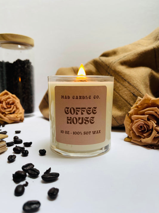 Coffee House 10oz Glass Jar Soy Candle front view, natural soy candle shop, scented non-toxic soy candle, wholesale handmade candles, soy candle care