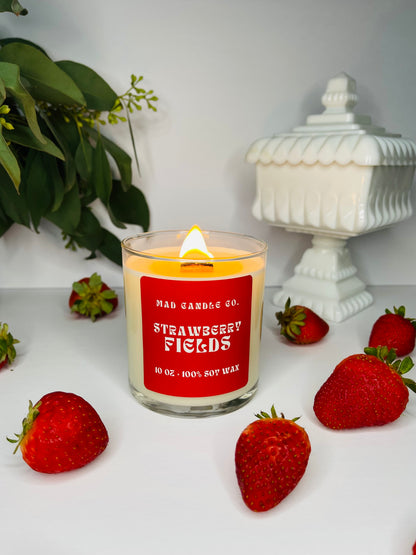 Strawberry Fields 10oz Glass Jar Soy Candle side view, natural soy candle shop, scented non-toxic soy candle, wholesale handmade candles, soy candle care