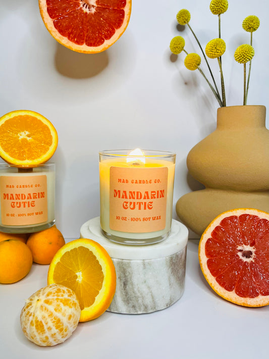 Mandarin Cutie 10oz Glass Jar Soy Candle front view, natural soy candle shop, scented non-toxic soy candle, wholesale handmade candles, soy candle care
